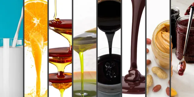 Collage of liquids with different viscosities like milk, orange juice, syrup, etc.