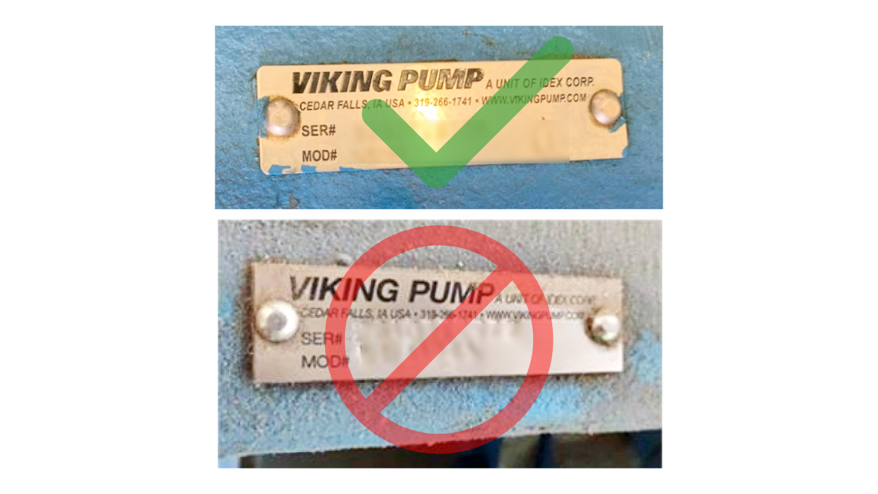 Comparison of a legitimate Viking Pump name plate and a forged name plate