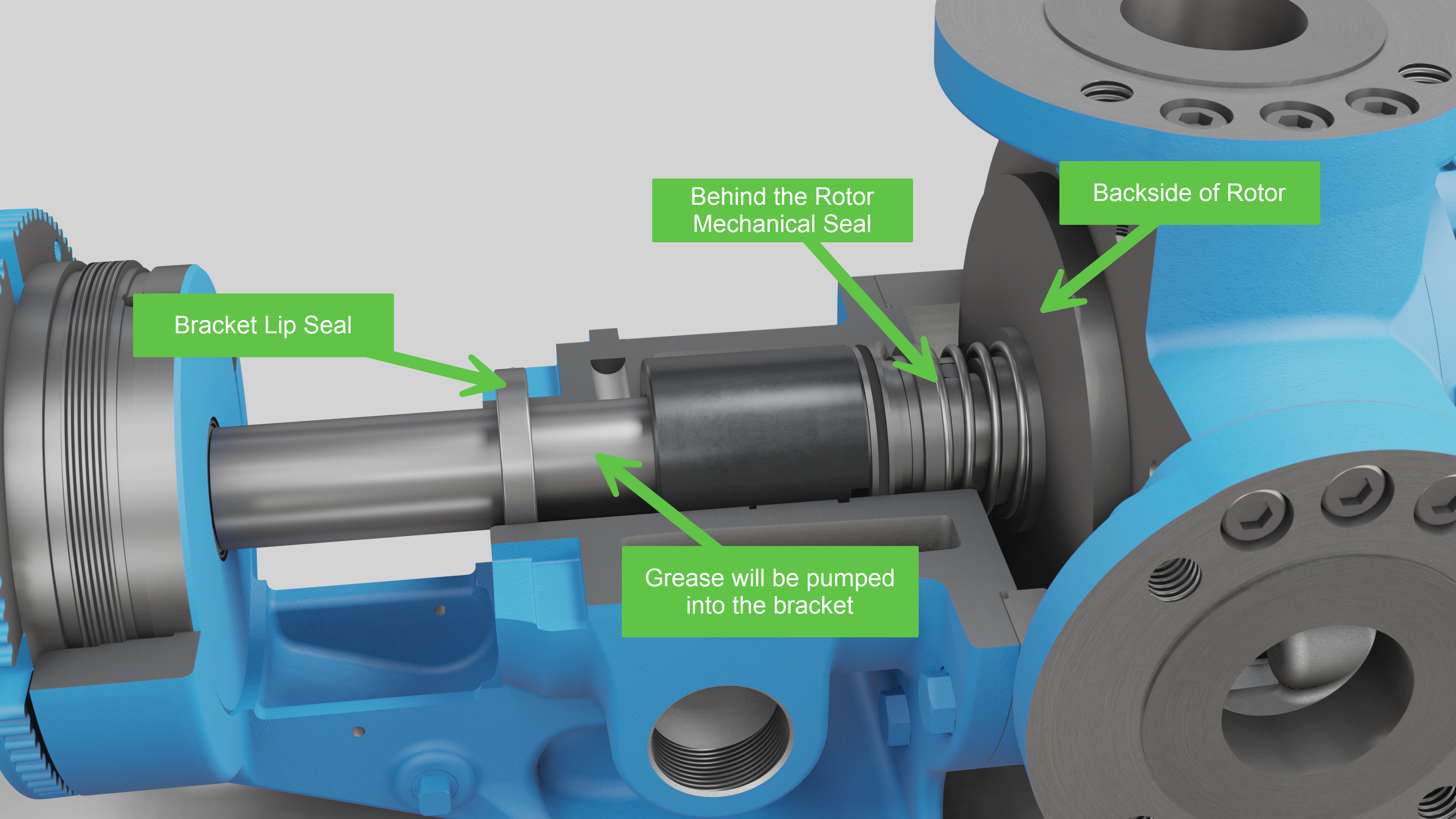 Image of pump cutaway showing components of a behind the rotor seal.