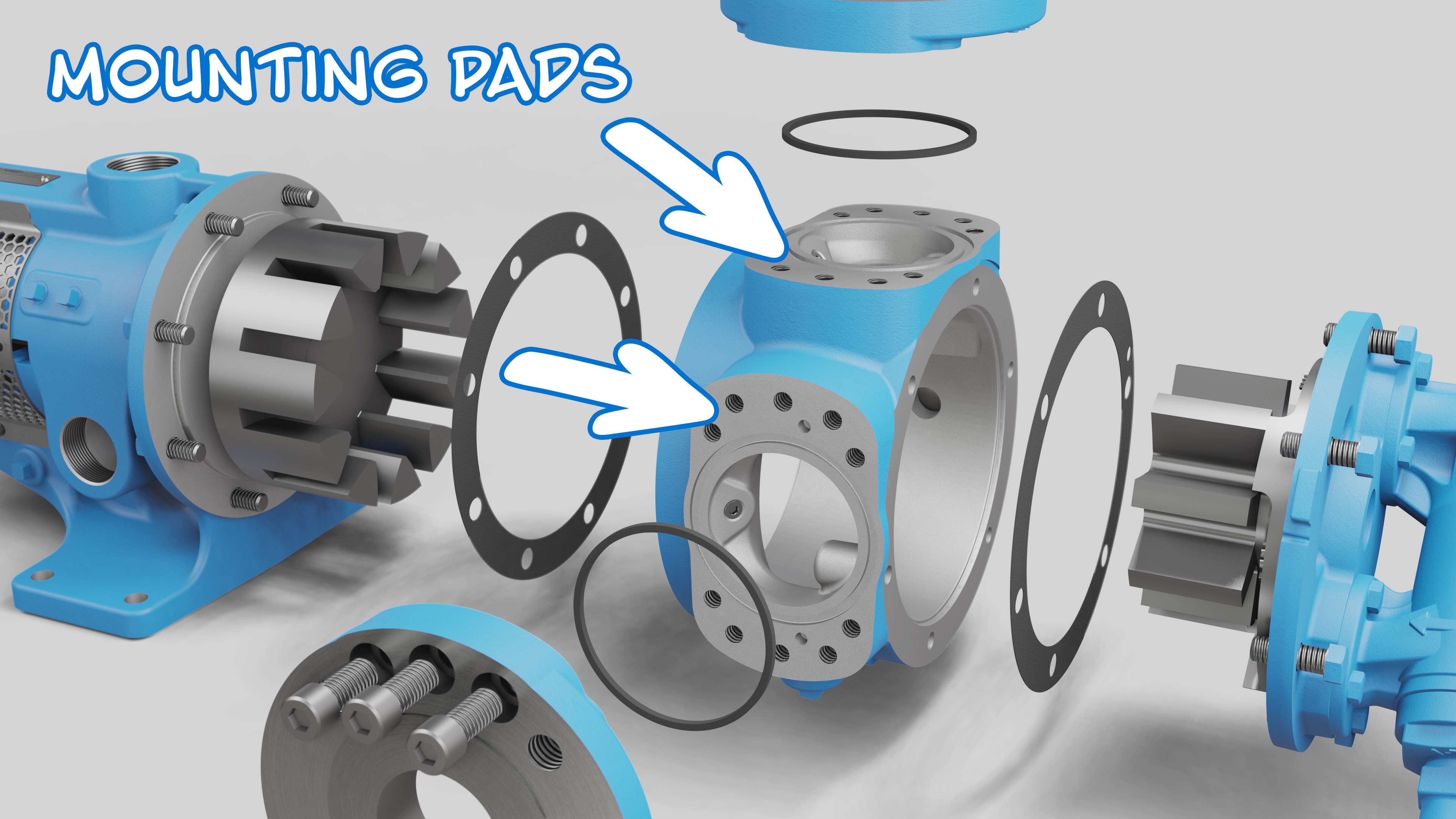exploded view of proport casing with arrows pointing at mounting pads