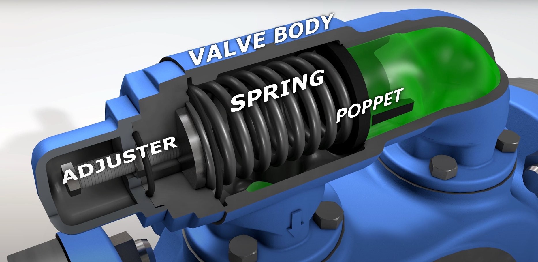 Cutaway of a relief valve showing the body, spring, adjuster, and poppet