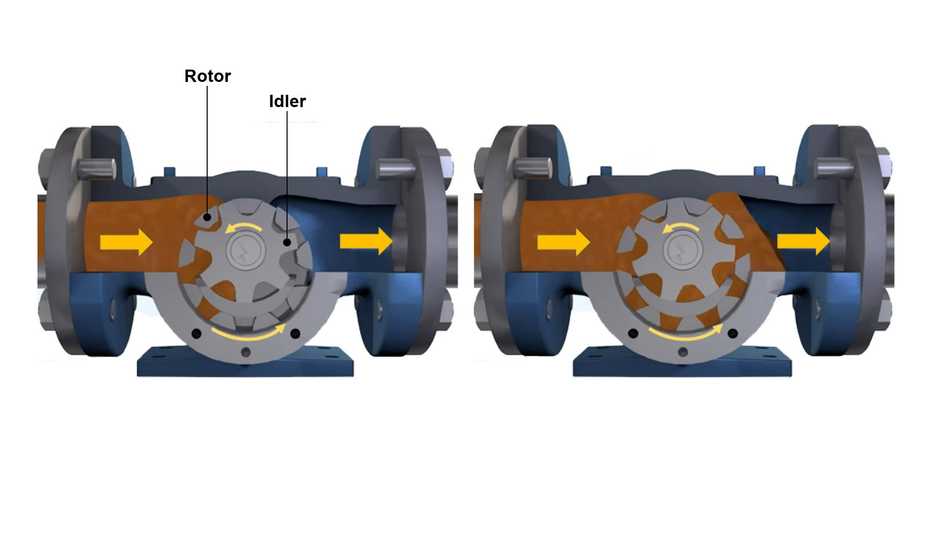 Internal gear pump showing liquid entering the pump inlet and discharging from the intermeshing gears