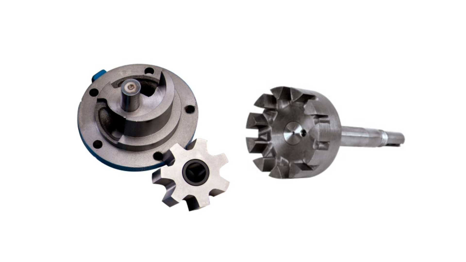 Left: Internal Gear Pump head showing idler pin and crescent, along with an idler gear showing black sleeve bearing (bushing) in the bore. Right: Rotor/shaft assembly