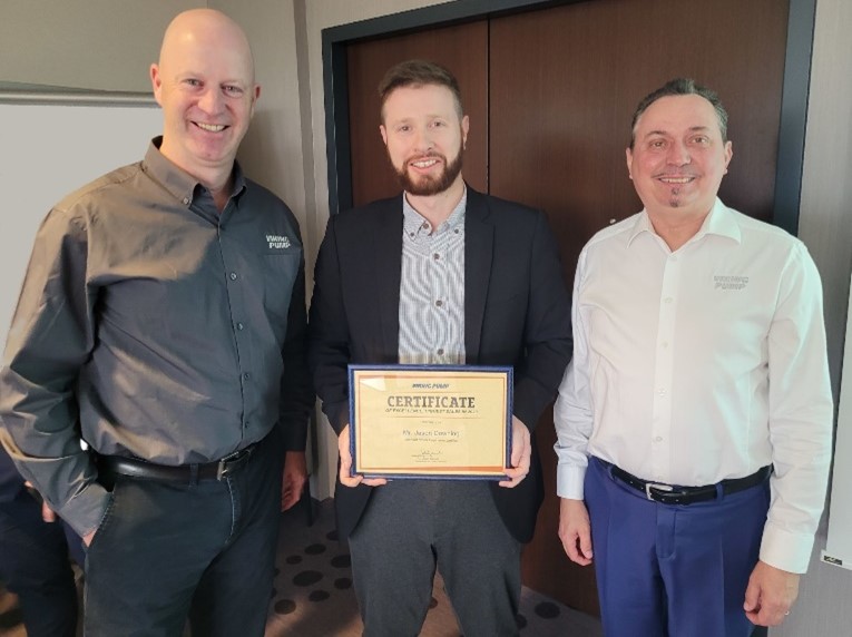 Jason Downing proudly accepts a Certificate of Excellence for the Highest Viking Pump Sales in 2023. Presented by Viking Pump’s European management team: Barry McMahon, Regional Sales Manager, Europe (left) and Eduard Weis, Distribution Sales Director, Europe (right).