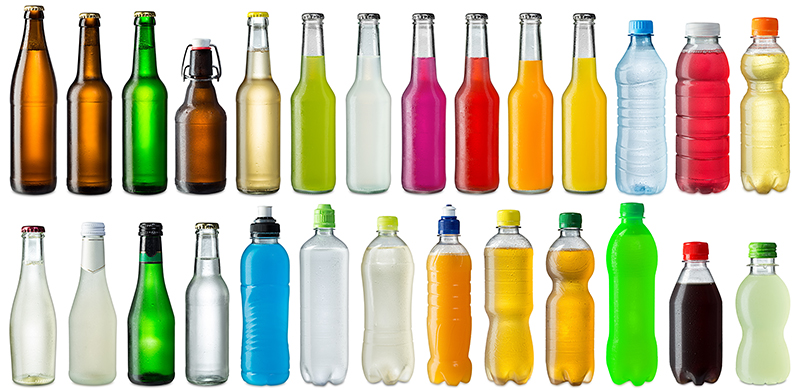 Rows of various beverage bottles