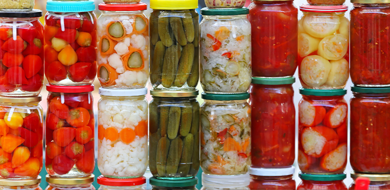 various pickled foods in jars