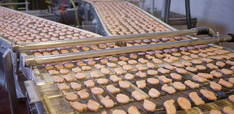 Meat on a conveyer system in a factory