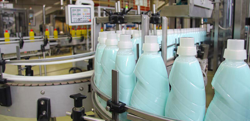 Bottles of soap on a conveyer belt