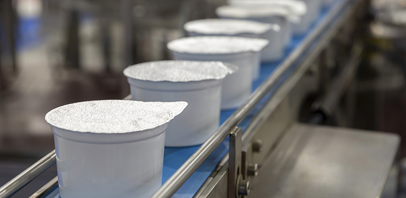 Cups of yogurt on a conveyer system