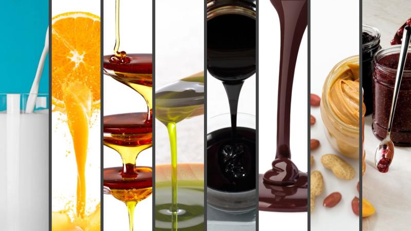 Collage of liquids with different viscosities like milk, orange juice, syrup, etc.