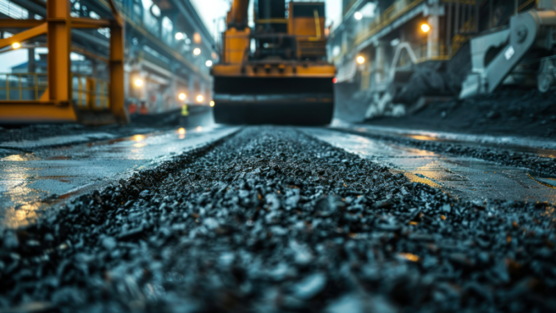 compacter rolling over freshly laid asphalt mix