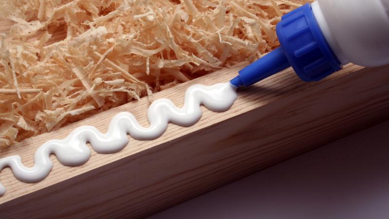 image of bottle of wood glue being squeezed onto the edge of a piece of wood