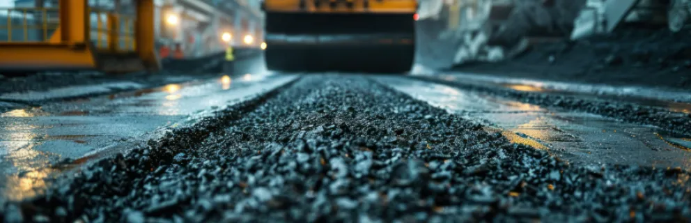 compacter rolling over freshly laid asphalt mix