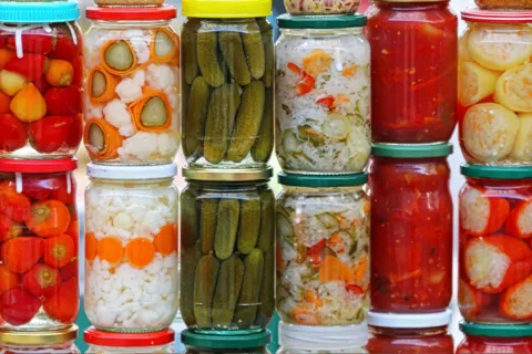 Jars of pickled foods in brine