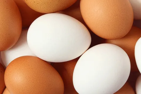 Closeup of white and brown eggs