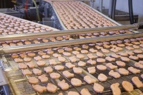 Frozen chicken nuggets in the factory