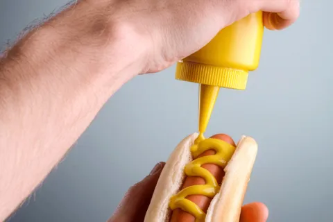 A person holding a yellow mustard bottle applying mustard to a hot dog