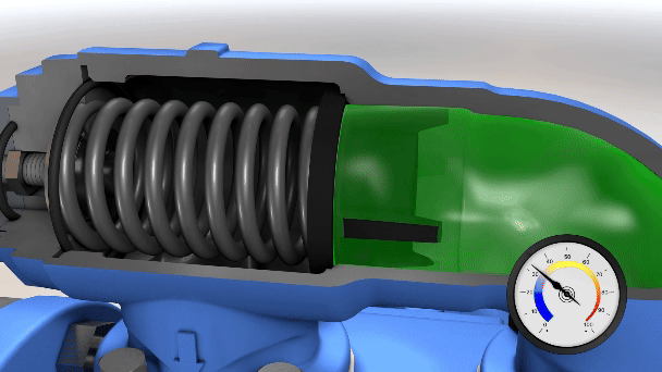 Animation showing what the cracking pressure of a relief valve looks like on a gear pump