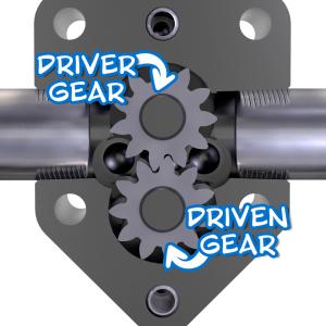 Image showing the driver and driven gears in an external gear (spur gear) pump.